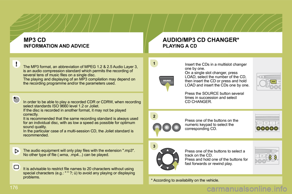 Citroen C4 DAG 2008.5 1.G Owners Manual �1�7�6
11
22
33
 The MP3 format, an abbreviation of MPEG 1.2 & 2.5 Audio Layer 3,�i�s� �a�n� �a�u�d�i�o� �c�o�m�p�r�e�s�s�i�o�n� �s�t�a�n�d�a�r�d� �w�h�i�c�h� �p�e�r�m�i�t�s� �t�h�e� �r�e�c�o�r�d�i�n�