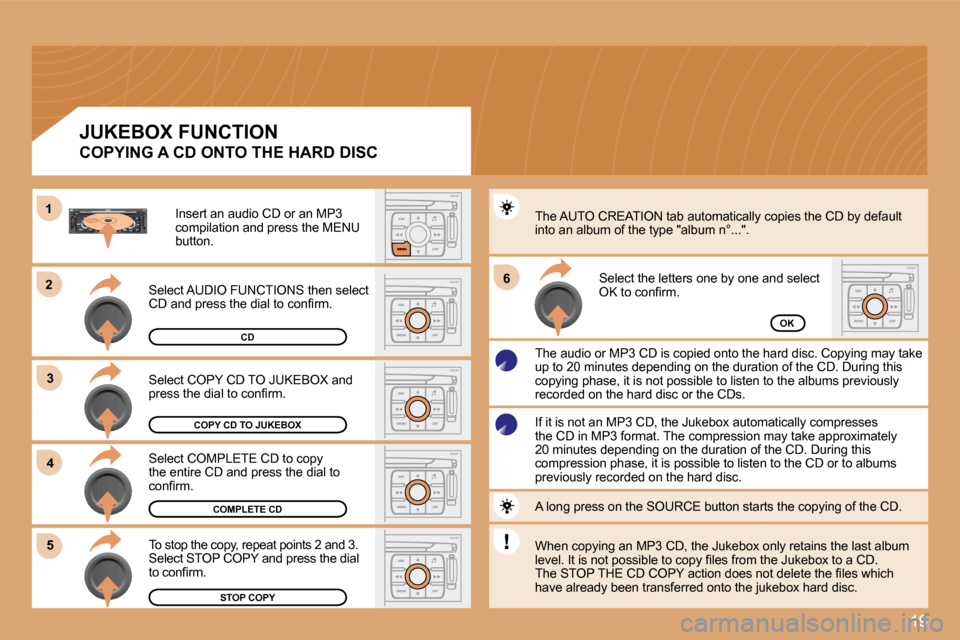 Citroen C4 DAG 2008.5 1.G Owners Manual 19
�2�2
�3�3
11
�5�5
�6�6
�4�4
 To stop the copy, repeat points 2 and 3. �S�e�l�e�c�t� �S�T�O�P� �C�O�P�Y� �a�n�d� �p�r�e�s�s� �t�h�e� �d�i�a�l� �t�o� �c�o�n�ﬁ� �r�m�.� 
 Select COMPLETE CD to copy 