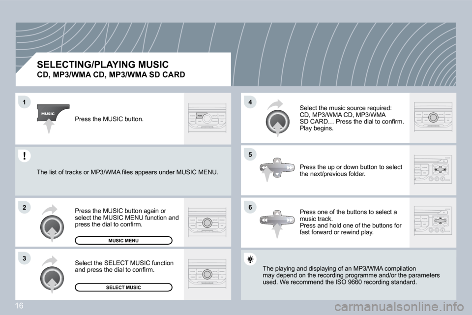 Citroen C4 DAG 2008.5 1.G Owners Manual 16
�1
�2
�3
�5
�4
�6
  SELECTING/PLAYING MUSIC  
�C�D�,� �M�P�3�/�W�M�A� �C�D�,� �M�P�3�/�W�M�A� �S�D� �C�A�R�D� 
� �T�h�e� �p�l�a�y�i�n�g� �a�n�d� �d�i�s�p�l�a�y�i�n�g� �o�f� �a�n� �M�P�3�/�W�M�A� �c