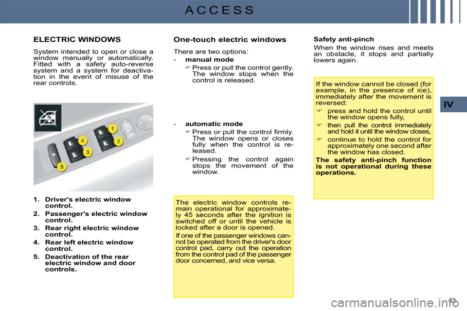 Citroen C4 DAG 2008.5 1.G Repair Manual 63 
IV
A C C E S S
             ELECTRIC WINDOWS 
 System intended to open or close a  
window  manually  or  automatically. 
Fitted  with  a  safety  auto-reverse 
system  and  a  system  for  deacti