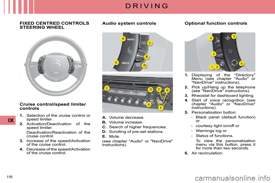 Citroen C4 2008.5 1.G Owners Manual 116 
IX
D R I V I N G
     FIXED CENTRED CONTROLS STEERING WHEEL 
  Cruise control/speed limiter  
controls  
   
1.    Selection of the cruise control or 
speed limiter. 
  
2.    Activation/Deactiva