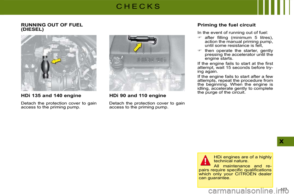 Citroen C4 2008.5 1.G Owners Manual 127 
C H E C K S
 RUNNING OUT OF FUEL (DIESEL) 
  HDi 135 and 140 engine  
 Detach  the  protection  cover  to  gain  
access to the priming pump.    HDi 90 and 110 engine  
 Detach  the  protection  