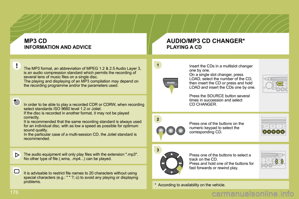 Citroen C4 2008.5 1.G Owners Manual �1�7�6
11
22
33
 The MP3 format, an abbreviation of MPEG 1.2 & 2.5 Audio Layer 3,�i�s� �a�n� �a�u�d�i�o� �c�o�m�p�r�e�s�s�i�o�n� �s�t�a�n�d�a�r�d� �w�h�i�c�h� �p�e�r�m�i�t�s� �t�h�e� �r�e�c�o�r�d�i�n�