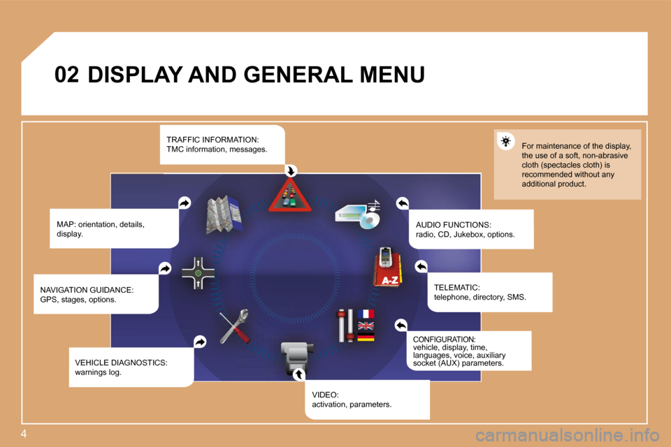 Citroen C4 2008.5 1.G Service Manual 4
�0�2 DISPLAY AND GENERAL MENU 
 MAP: orientation, details, display.  AUDIO FUNCTIONS: radio, CD, Jukebox, options. 
 For maintenance of the display, the use of a soft, non-abrasive �c�l�o�t�h� �(�s�