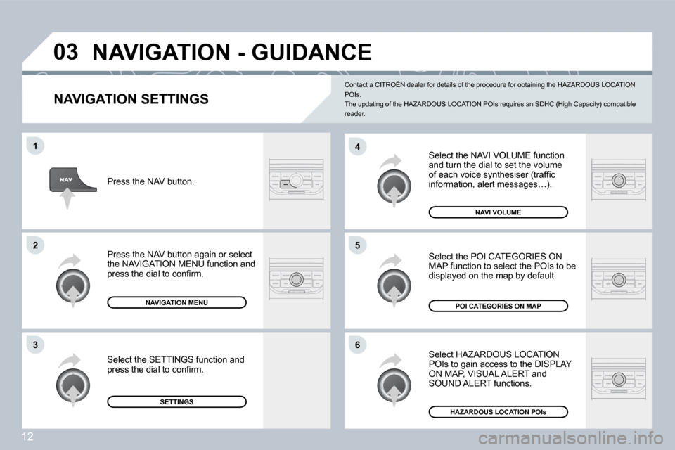 Citroen C4 2008.5 1.G Repair Manual 12
�0�3
�6
�4
�5
�1
�2
�3
  NAVIGATION SETTINGS 
� �S�e�l�e�c�t� �t�h�e� �N�A�V�I� �V�O�L�U�M�E� �f�u�n�c�t�i�o�n� and turn the dial to set the volume �o�f� �e�a�c�h� �v�o�i�c�e� �s�y�n�t�h�e�s�i�s�e�