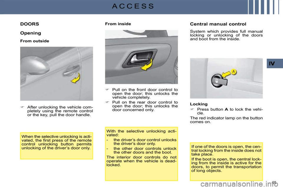 Citroen C4 2008.5 1.G User Guide 65 
A C C E S S
         DOORS 
  Opening  
  From outside  When the selective unlocking is acti- 
�v�a�t�e�d�,� �t�h�e� �ﬁ� �r�s�t� �p�r�e�s�s� �o�f� �t�h�e� �r�e�m�o�t�e� 
control  unlocking  butt