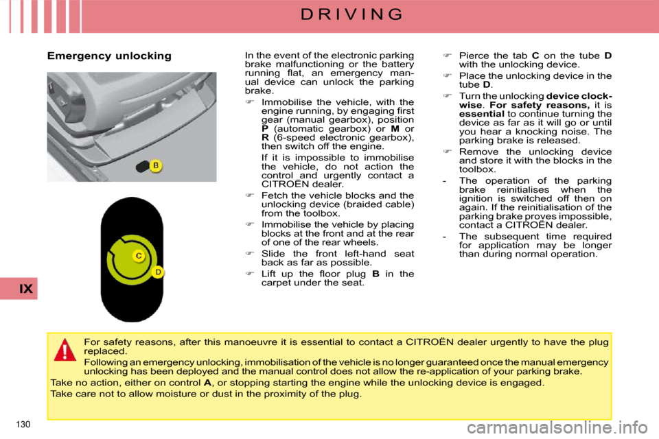 Citroen C4 PICASSO DAG 2008.5 1.G Owners Manual 130 
IX
D R I V I N G
  Emergency unlocking    In the event of the electronic parking  
brake  malfunctioning  or  the  battery 
�r�u�n�n�i�n�g�  �ﬂ� �a�t�,�  �a�n�  �e�m�e�r�g�e�n�c�y�  �m�a�n�-
ua