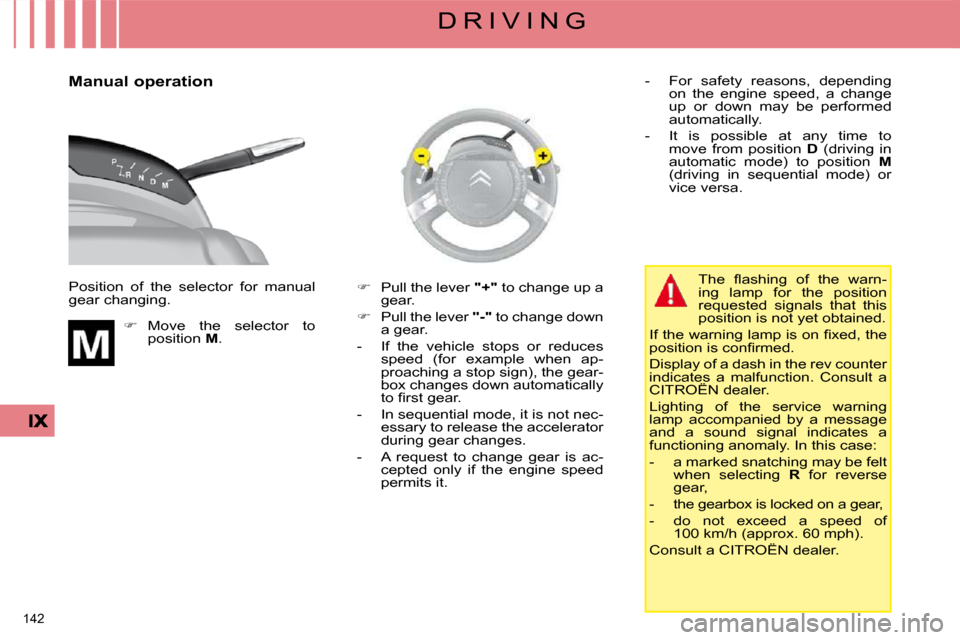 Citroen C4 PICASSO DAG 2008.5 1.G Workshop Manual 142 
D R I V I N G
  Manual operation  
 Position  of  the  selector  for  manual  
gear changing.     
�    Move  the  selector  to 
position   M .    
�    Pull the lever   "+"  to change up a