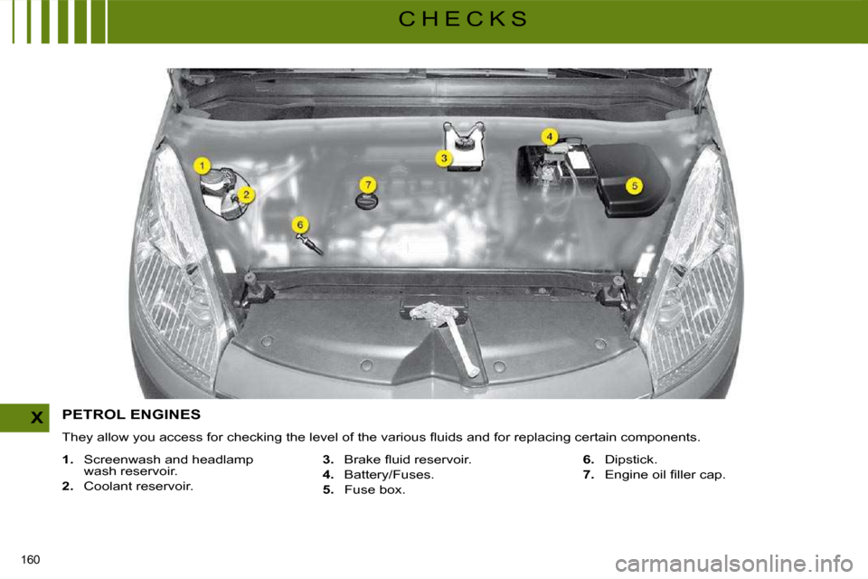 Citroen C4 PICASSO DAG 2008.5 1.G User Guide 160 
X
C H E C K S
           PETROL ENGINES 
� �T�h�e�y� �a�l�l�o�w� �y�o�u� �a�c�c�e�s�s� �f�o�r� �c�h�e�c�k�i�n�g� �t�h�e� �l�e�v�e�l� �o�f� �t�h�e� �v�a�r�i�o�u�s� �ﬂ� �u�i�d�s� �a�n�d� �f�o�r� 