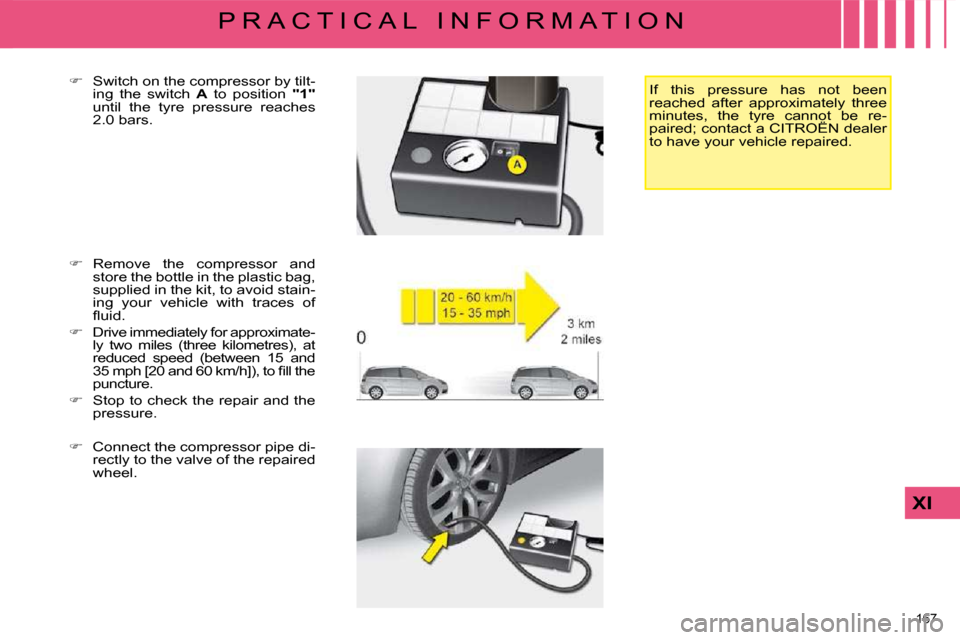 Citroen C4 PICASSO DAG 2008.5 1.G Owners Manual 167 
XI
P R A C T I C A L   I N F O R M A T I O N
  
�    Remove  the  compressor  and 
�s�t�o�r�e� �t�h�e� �b�o�t�t�l�e� �i�n� �t�h�e� �p�l�a�s�t�i�c� �b�a�g�,�  
�s�u�p�p�l�i�e�d� �i�n� �t�h�e� �