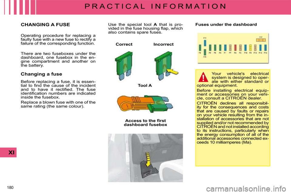 Citroen C4 PICASSO DAG 2008.5 1.G Owners Manual �1�8�0� 
XI
P R A C T I C A L   I N F O R M A T I O N
                 CHANGING A FUSE 
� �O�p�e�r�a�t�i�n�g�  �p�r�o�c�e�d�u�r�e�  �f�o�r�  �r�e�p�l�a�c�i�n�g�  �a�  
�f�a�u�l�t�y� �f�u�s�e� �w�i�t�h