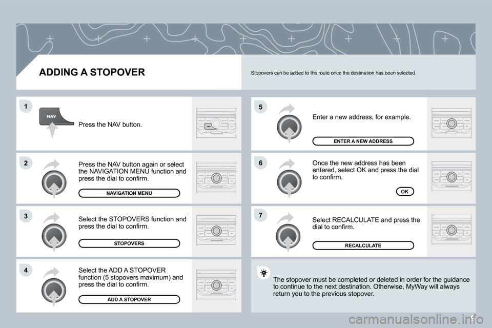Citroen C4 PICASSO DAG 2008.5 1.G User Guide 9
�5
�6
�7
�1
�2
�3
�4
  ADDING A STOPOVER 
� �E�n�t�e�r� �a� �n�e�w� �a�d�d�r�e�s�s�,� �f�o�r� �e�x�a�m�p�l�e�.� 
 Once the new address has been �e�n�t�e�r�e�d�,� �s�e�l�e�c�t� �O�K� �a�n�d� �p�r�e�s