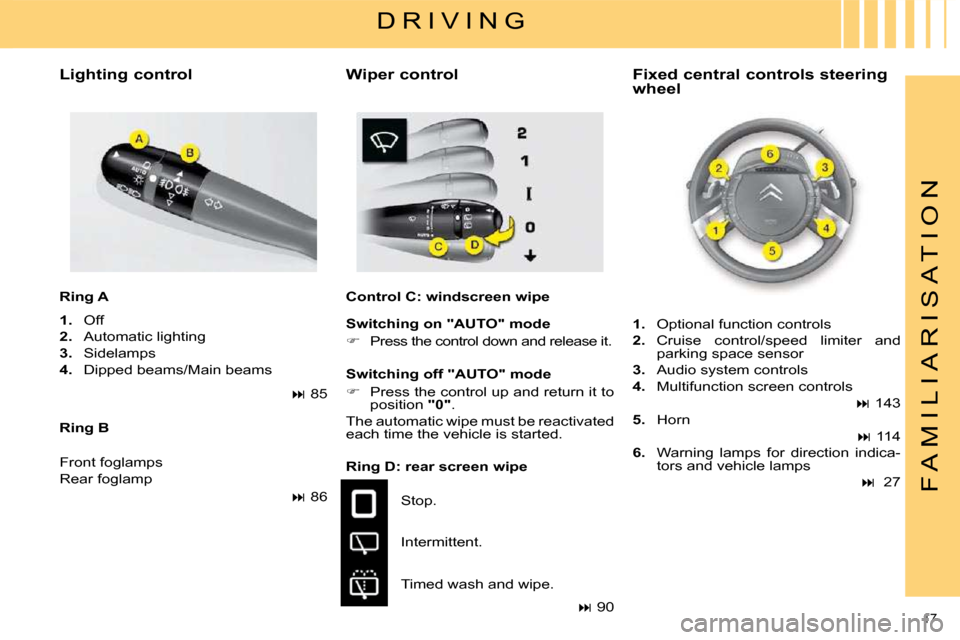 Citroen C4 PICASSO 2008.5 1.G User Guide 17 
F A M I L I A R I S A T I O N
  Ring B    Ring D: rear screen wipe  Stop.  
 Intermittent.  
 Timed wash and wipe.    Fixed central controls steering  
wheel  
  Lighting control  
  Ring A  
   
