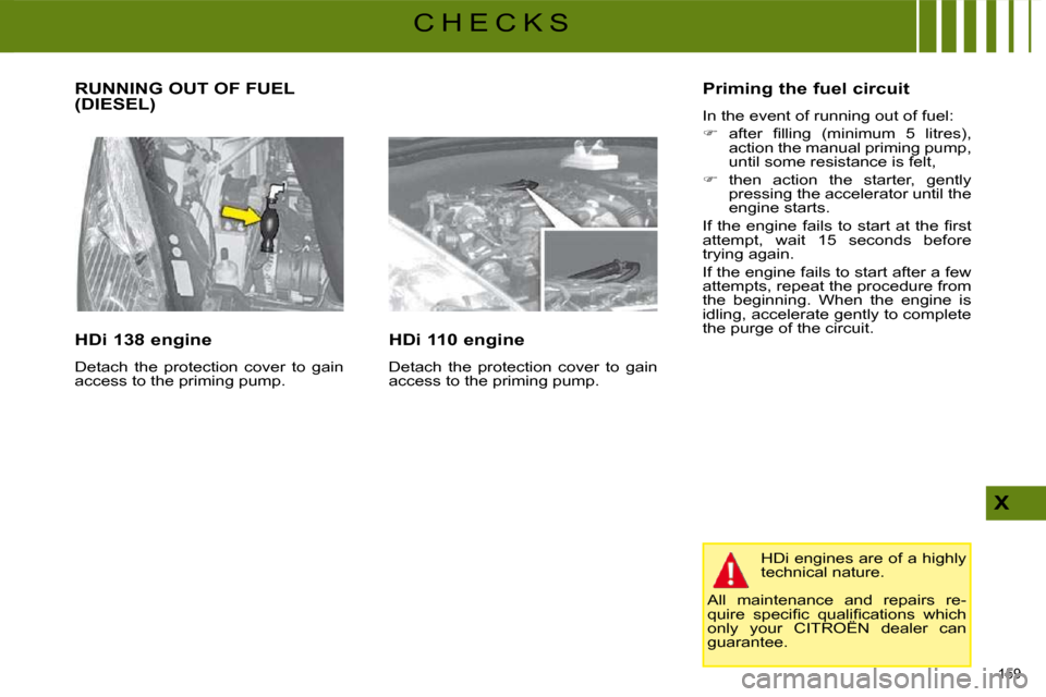 Citroen C4 PICASSO 2008.5 1.G Repair Manual 159 
X
C H E C K S
 RUNNING OUT OF FUEL (DIESEL) 
  HDi 138 engine  
 Detach  the  protection  cover  to  gain  
access to the priming pump.    HDi 110 engine  
 Detach  the  protection  cover  to  ga