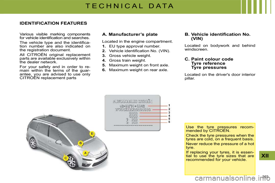Citroen C4 PICASSO 2008.5 1.G Manual PDF 203 
XII
T E C H N I C A L   D A T A
                 IDENTIFICATION FEATURES 
� �V�a�r�i�o�u�s�  �v�i�s�i�b�l�e�  �m�a�r�k�i�n�g�  �c�o�m�p�o�n�e�n�t�s�  
�f�o�r� �v�e�h�i�c�l�e� �i�d�e�n�t�i�ﬁ� �c