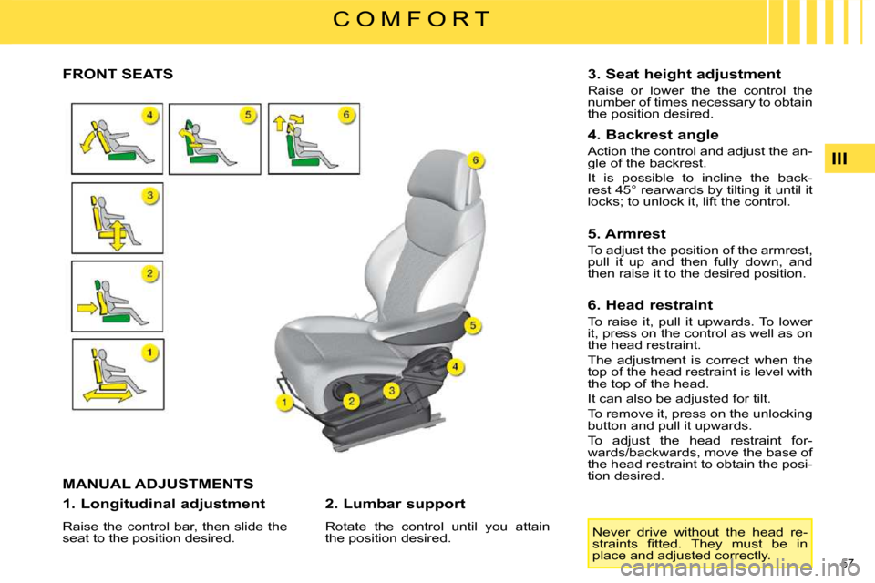 Citroen C4 PICASSO 2008.5 1.G Repair Manual 57 
III
C O M F O R T
             FRONT SEATS 
 MANUAL ADJUSTMENTS 
  1. Longitudinal adjustment  
 Raise the control bar, then slide the  
seat to the position desired.    2. Lumbar support  
 Rotat