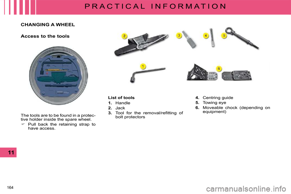 Citroen C5 DAG 2008.5 (RD/TD) / 2.G Owners Manual 164 
11
P R A C T I C A L   I N F O R M A T I O N
             CHANGING A WHEEL 
  Access to the tools  
� �T�h�e� �t�o�o�l�s� �a�r�e� �t�o� �b�e� �f�o�u�n�d� �i�n� �a� �p�r�o�t�e�c�- 
�t�i�v�e� �h�o�