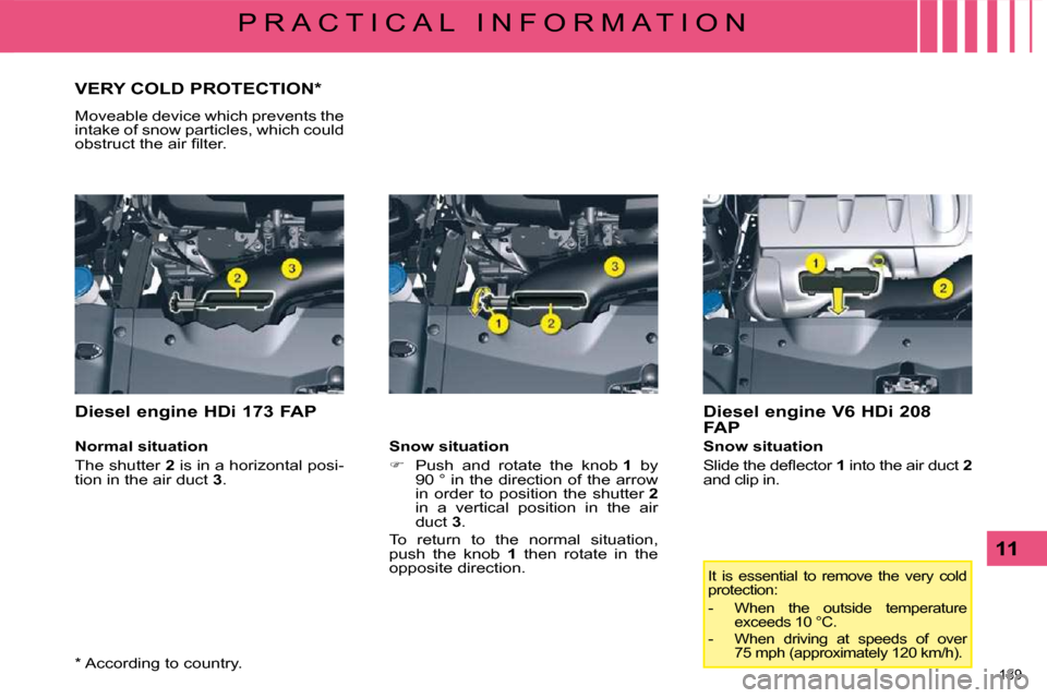 Citroen C5 DAG 2008.5 (RD/TD) / 2.G Owners Manual �1�8�9� 
11
P R A C T I C A L   I N F O R M A T I O N
     VERY COLD PROTECTION *  
 Moveable device which prevents the  
�i�n�t�a�k�e� �o�f� �s�n�o�w� �p�a�r�t�i�c�l�e�s�,� �w�h�i�c�h� �c�o�u�l�d� 
�