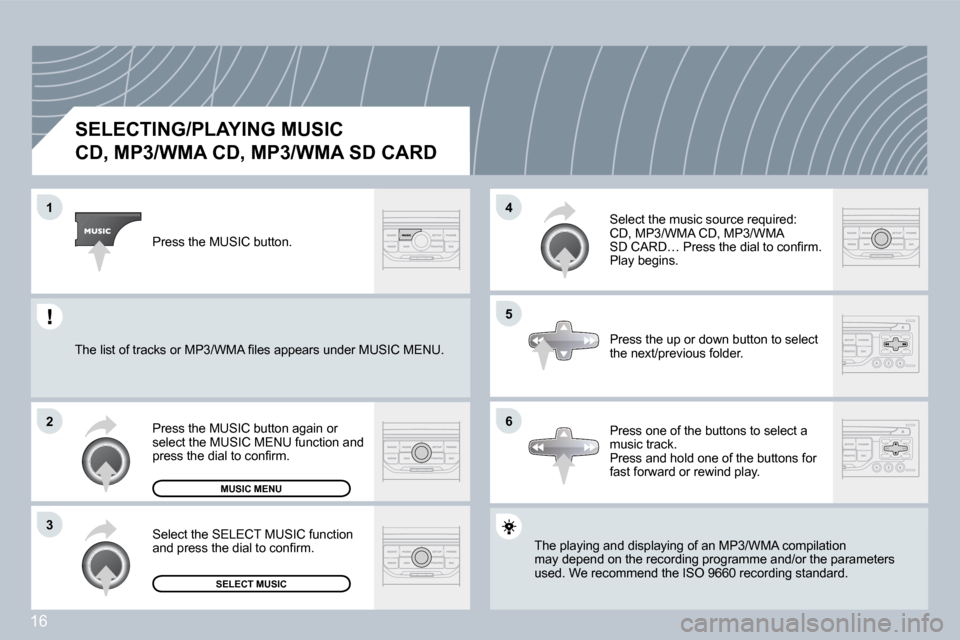 Citroen C5 DAG 2008.5 (RD/TD) / 2.G Owners Manual 16
�1
�2
�3
�5
�4
�6
  SELECTING/PLAYING MUSIC  
�C�D�,� �M�P�3�/�W�M�A� �C�D�,� �M�P�3�/�W�M�A� �S�D� �C�A�R�D� 
� �T�h�e� �p�l�a�y�i�n�g� �a�n�d� �d�i�s�p�l�a�y�i�n�g� �o�f� �a�n� �M�P�3�/�W�M�A� �c