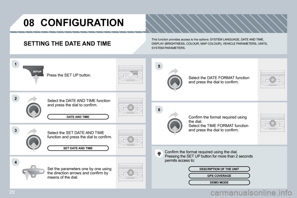 Citroen C5 DAG 2008.5 (RD/TD) / 2.G Owners Manual 20
�0�8
�5
�6
�1
�2
�3
�4
� �C�O�N�F�I�G�U�R�A�T�I�O�N� 
  SETTING THE DATE AND TIME 
� �T�h�i�s� �f�u�n�c�t�i�o�n� �p�r�o�v�i�d�e�s� �a�c�c�e�s�s� �t�o� �t�h�e� �o�p�t�i�o�n�s�:� �S�Y�S�T�E�M� �L�A�N