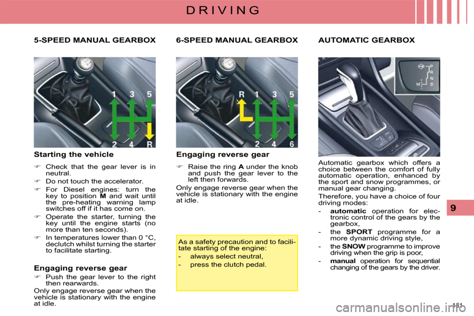 Citroen C5 2008.5 (RD/TD) / 2.G Owners Manual 131 
9
D R I V I N G
       5-SPEED MANUAL GEARBOX 
  Starting the vehicle  
   
     Check  that  the  gear  lever  is  in 
neutral. 
  
     Do not touch the accelerator. 
  
     For  Dies