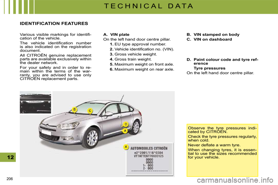 Citroen C5 2008.5 (RD/TD) / 2.G User Guide 206 
T E C H N I C A L   D A T A
                 IDENTIFICATION FEATURES 
� �V�a�r�i�o�u�s�  �v�i�s�i�b�l�e�  �m�a�r�k�i�n�g�s�  �f�o�r�  �i�d�e�n�t�i�ﬁ� �- 
cation of the vehicle.  
� �T�h�e�  �v�