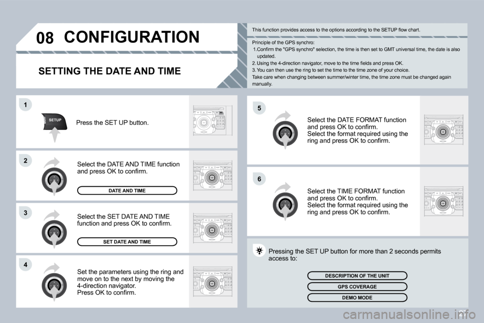 Citroen C5 2008.5 (RD/TD) / 2.G Owners Manual 27
5
6
SETUP
1
2
3
4
08 CONFIGURATION 
  SETTING THE DATE AND TIME 
 Set the parameters using the ring and move on to the next by moving the 4-direction navigator. � �P�r�e�s�s� �O�K� �t�o� �c�o�n�ﬁ