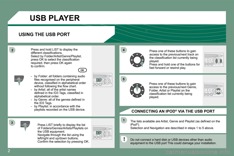 Citroen C5 2008.5 (RD/TD) / 2.G Service Manual �2
33
44
11
55
22
  USB PLAYER
  USING THE USB PORT 
� � �P�r�e�s�s� �L�I�S�T� �b�r�i�e�ﬂ� �y� �t�o� �d�i�s�p�l�a�y� �t�h�e� �l�i�s�t� of Folders/Genres/Artists/Playlists on the USB equipment.  Navi