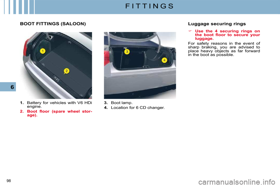 Citroen C5 2008.5 (RD/TD) / 2.G Owners Guide 98 
6
F I T T I N G S
       BOOT FITTINGS (SALOON) 
   
1.    Battery  for  vehicles  with  V6  HDi 
engine. 
  
2.   �B�o�o�t�  �ﬂ� �o�o�r�  �(�s�p�a�r�e�  �w�h�e�e�l�  �s�t�o�r�- 
�a�g�e�)�.� 
  