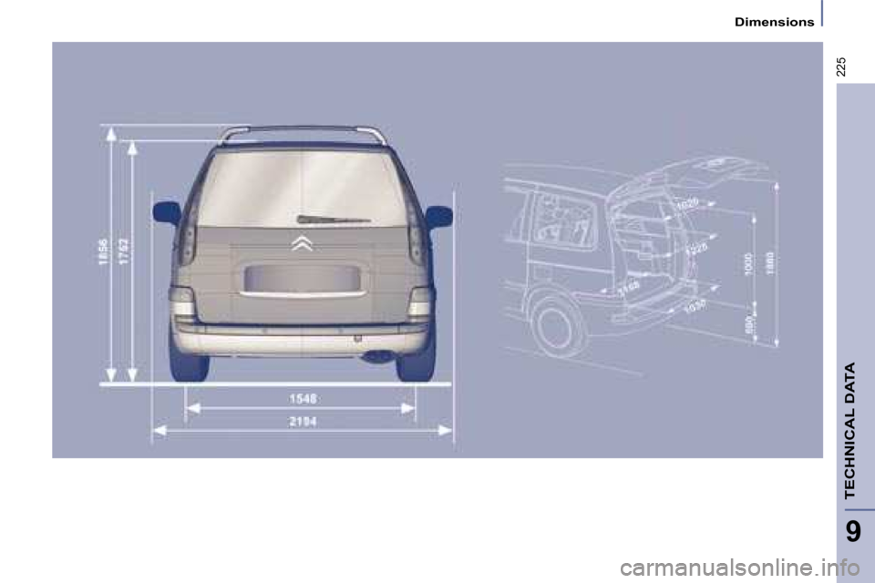 Citroen C8 DAG 2008.5 1.G Owners Manual 225
9
 Dimensions 
TECHNICAL DATA  