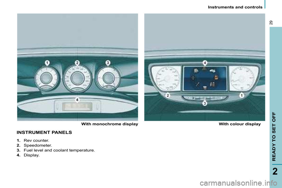 Citroen C8 DAG 2008.5 1.G Owners Guide    Instruments and controls   
READY TO SET OFF
2
29
 INSTRUMENT PANELS  
  With monochrome display    With colour display 
   
1.    Rev counter. 
  
2.    Speedometer. 
  
3.    Fuel level and coola