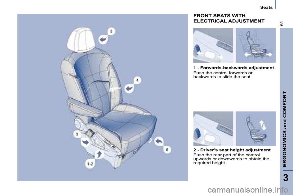 Citroen C8 DAG 2008.5 1.G Owners Manual ERGONOMICS and COMFORT
3
65
Seats
 FRONT SEATS WITH 
ELECTRICAL ADJUSTMENT 
  2 - Driver’s seat height adjustment  
 Push the rear part of the control  
�u�p�w�a�r�d�s� �o�r� �d�o�w�n�w�a�r�d�s� �t�