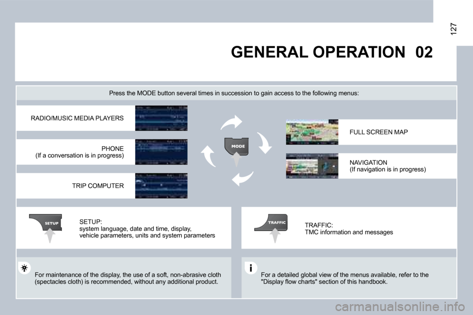 Citroen C8 2008.5 1.G Owners Manual �0�2
127
 GENERAL OPERATION 
� �F�o�r� �a� �d�e�t�a�i�l�e�d� �g�l�o�b�a�l� �v�i�e�w� �o�f� �t�h�e� �m�e�n�u�s� �a�v�a�i�l�a�b�l�e�,� �r�e�f�e�r� �t�o� �t�h�e� �"�D�i�s�p�l�a�y� �ﬂ� �o�w� �c�h�a�r�t�