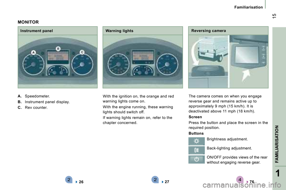 Citroen JUMPER DAG 2008.5 2.G User Guide 4221
FAMILIARISATION
 15
Familiarisation
MONITOR
  Instrument panel   Warning lights 
A.   Speedometer. 
B.   Instrument panel display. 
C.   Rev counter.  
 With the ignition on, the orange and red 
