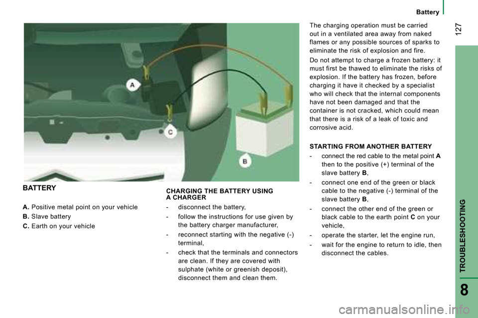 Citroen JUMPER DAG 2008.5 2.G Owners Manual  127
   Battery   
TROUBLESHOOTING
8
  
A.   Positive metal point on your vehicle 
  
B.   Slave battery 
  
C.   Earth on your vehicle    CHARGING THE BATTERY USING  
A CHARGER  
   -   disconnect th