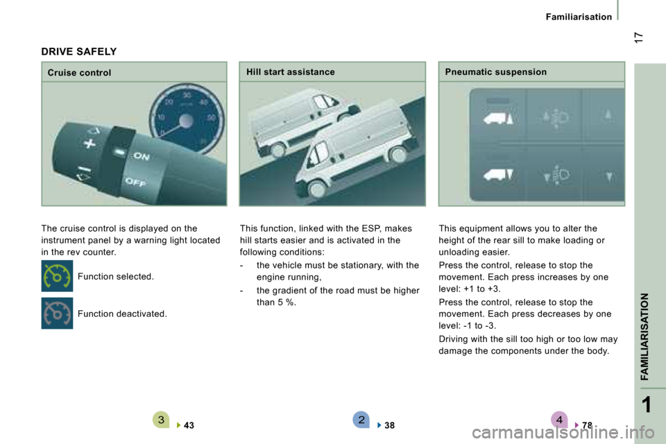 Citroen JUMPER DAG 2008.5 2.G User Guide 4321
FAMILIARISATION
 17
Familiarisation
  Cruise control 
 The cruise control is displayed on the 
instrument panel by a warning light located 
in the rev counter. 
43   
  Hill start assistance 
 Th