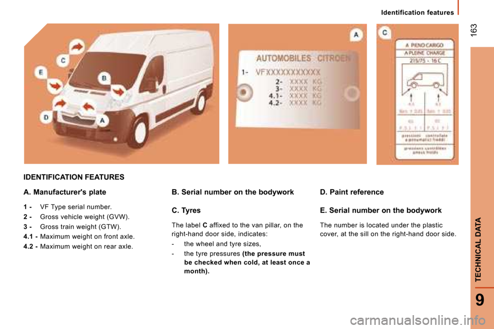 Citroen JUMPER DAG 2008.5 2.G Owners Manual  163
9
TECHNICAL DATA
   Identification  features   
 IDENTIFICATION FEATURES  
  A. Manufacturers plate  
  
1 -    VF Type serial number. 
  
2 -    Gross vehicle weight (GVW). 
  
3 -     Gross tr