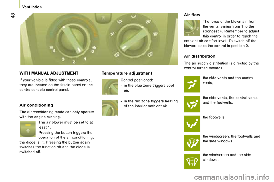 Citroen JUMPER DAG 2008.5 2.G Owners Manual 48
   Ventilation   
 WITH MANUAL ADJUSTMENT  
 If your vehicle is fitted with these controls,  
they are located on the fascia panel on the 
centre console control panel.   Temperature  adjustment 
 