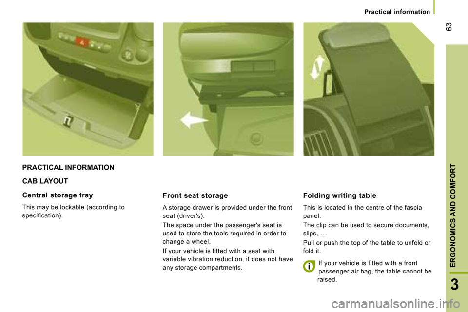 Citroen JUMPER DAG 2008.5 2.G Workshop Manual 63
3
ERGONOMICS AND COMFORT
Practical information
CAB LAYOUT Front seat storage
A storage drawer is provided under the front
seat (drivers).
The space under the passengers seat i Citroen JUMPER DAG 2008.5 2.G Workshop Manual 63
3
ERGONOMICS AND COMFORT
Practical information
CAB LAYOUT Front seat storage
A storage drawer is provided under the front
seat (drivers).
The space under the passengers seat i