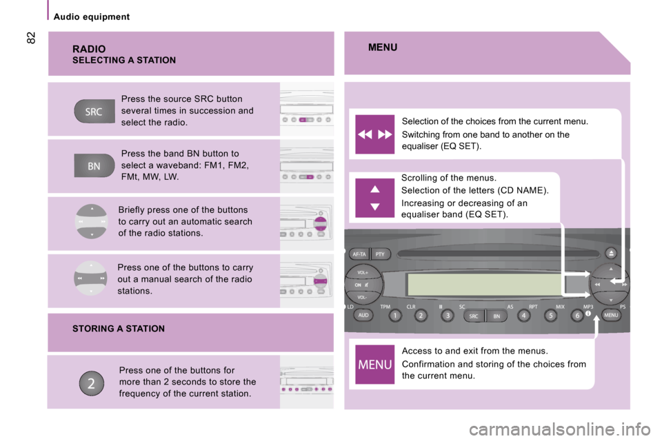 Citroen JUMPER DAG 2008.5 2.G Manual PDF 82
Audio equipment
RADIO
Access to and exit from the menus.
Confirmation and storing of the choices from
the current menu.
Scrolling of the menus.
Selection of the letters (CD NAME).
I Citroen JUMPER DAG 2008.5 2.G Manual PDF 82
Audio equipment
RADIO
Access to and exit from the menus.
Confirmation and storing of the choices from
the current menu.
Scrolling of the menus.
Selection of the letters (CD NAME).
I