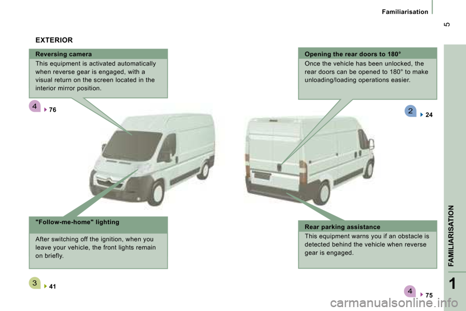 Citroen JUMPER 2008.5 2.G Owners Manual 4
3
4
2
1
FAMILIARISATION
 5
Familiarisation
  Reversing camera  
 This equipment is activated automatically  
when reverse gear is engaged, with a 
visual return on the screen located in the 
interio