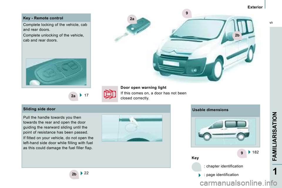 Citroen JUMPY MULTISPACE DAG 2008.5 2.G Owners Manual 9
2a
2b
2a
2b
9
 5
Exterior
FAMILIARISATION
1
 17   182  
    
Key   
 : chapter identification  
 : page identification  
 22  
  Key - Remote control  
 Complete locking of the vehicle, cab  
and re