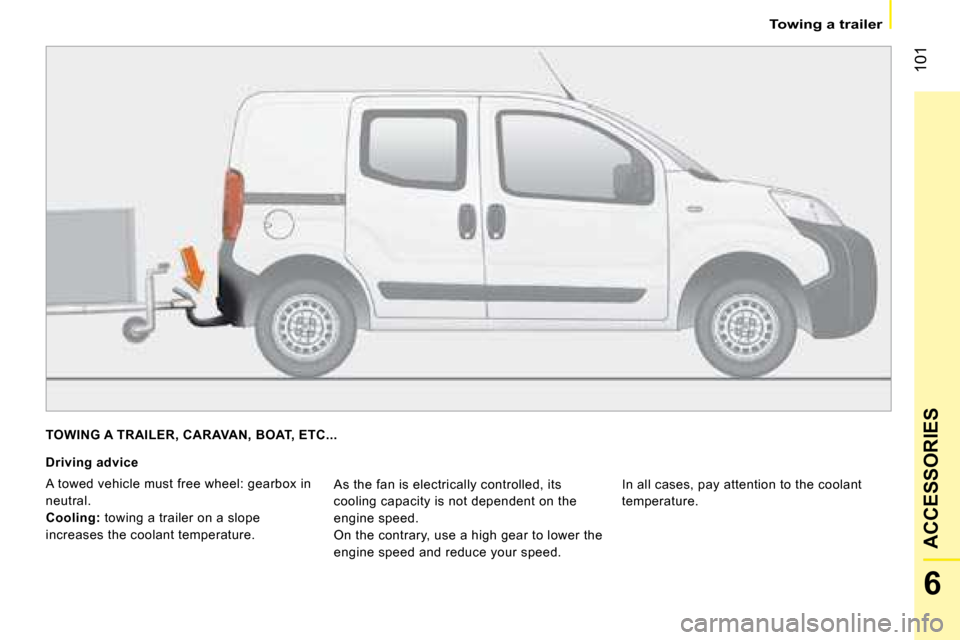 Citroen NEMO DAG 2008.5 1.G Owners Manual 101
6
ACCESSORIES
Towing a trailer
TOWING A TRAILER, CARAVAN, BOAT, ETC...
Driving advice
A towed vehicle must free wheel: gearbox in
neutral.
Cooling: towing a trailer on a slope
i Citroen NEMO DAG 2008.5 1.G Owners Manual 101
6
ACCESSORIES
Towing a trailer
TOWING A TRAILER, CARAVAN, BOAT, ETC...
Driving advice
A towed vehicle must free wheel: gearbox in
neutral.
Cooling: towing a trailer on a slope
i