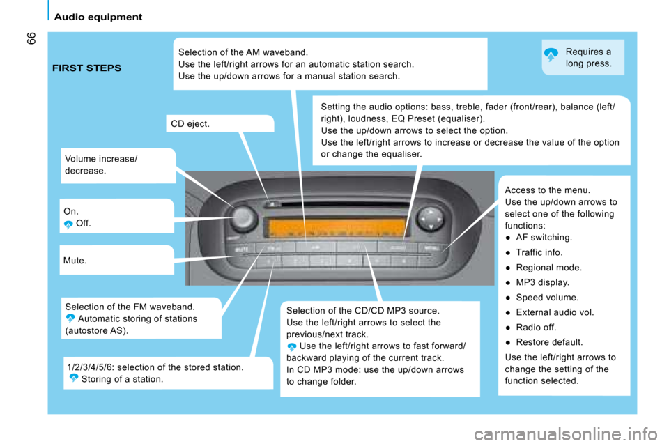 Citroen NEMO DAG 2008.5 1.G Owners Manual 66
     Audio equipment   
 Volume increase/ 
decrease. 
 On.   Off. 
 Mute. 
 Selection of the CD/CD MP3 source. 
 Use the left/right arrows to select the 
previous/next track.  Use the left/right ar