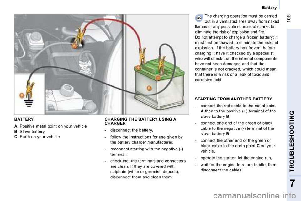 Citroen NEMO 2008.5 1.G Owners Manual  105
7
TROUBLESHOOTING
Battery
  BATTERY 
  
A.   Positive metal point on your vehicle 
  
B.   Slave battery 
  
C.   Earth on your vehicle 
  CHARGING THE BATTERY USING A CHARGER 
   -   disconnect 