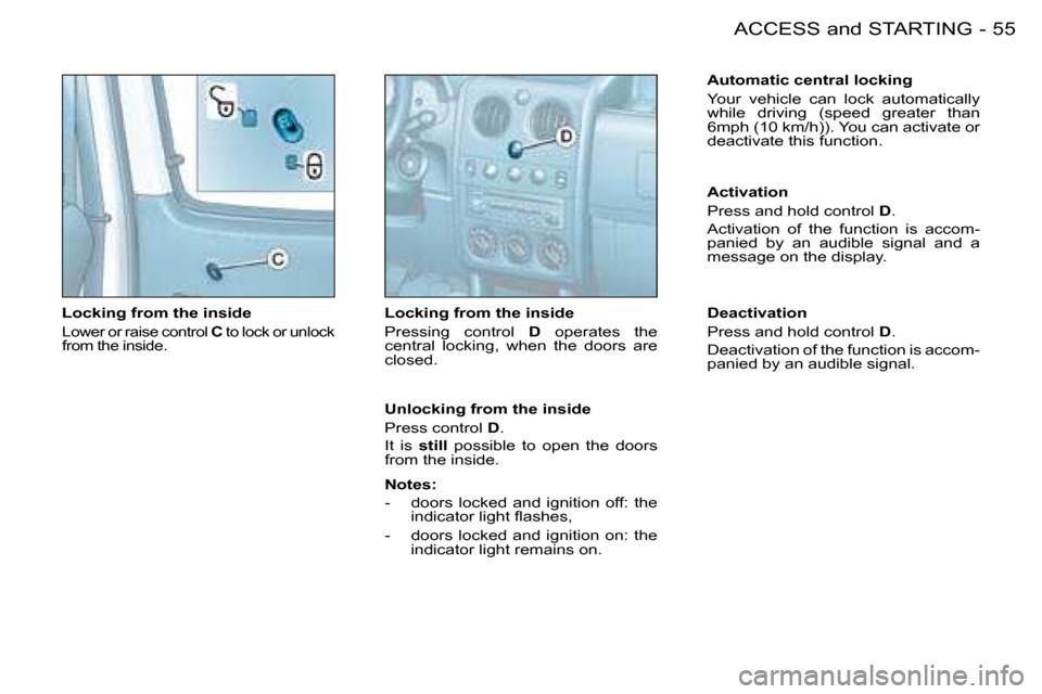 Citroen BERLINGO FIRST DAG 2008 1.G Workshop Manual 55ACCESS and STARTING-
  Locking from the inside 
 Lower or raise control   C  to lock or unlock 
�f�r�o�m� �t�h�e� �i�n�s�i�d�e�.� � 
  Locking from the inside  
 Pressing  control    D   operates  t