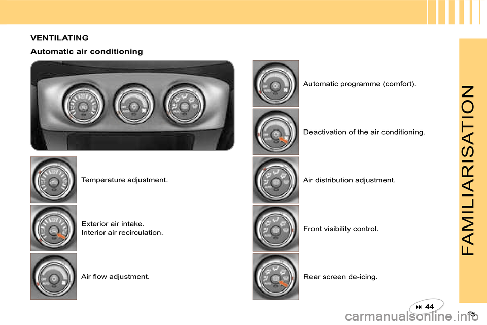 Citroen C CROSSER DAG 2008 1.G User Guide FAMILIARISATION
  VENTILATING   
  Automatic air conditioning  Temperature adjustment. � �E�x�t�e�r�i�o�r� �a�i�r� �i�n�t�a�k�e�.� �  
Interior air recirculation.  
� �A�i�r� �ﬂ� �o�w� �a�d�j�u�s�t�