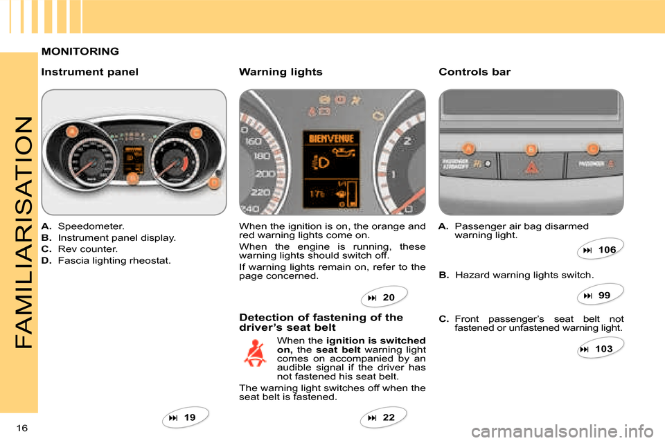 Citroen C CROSSER DAG 2008 1.G Owners Manual 16 
FAMILIARISATION
  MONITORING   
  Instrument panel   Controls bar 
   
A.   Speedometer. 
  
B.   Instrument panel display. 
  
C.   Rev counter. 
  
D.   Fascia lighting rheostat.    When the ign
