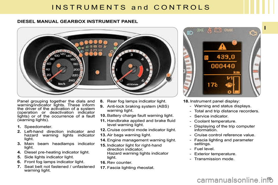 Citroen C CROSSER DAG 2008 1.G Owners Manual I N S T R U M E N T S   a n d   C O N T R O L S
I
19 
    
1.   Speedometer. 
  
2.   Left-hand  direction  indicator  and  
hazard  warning  lights  indicator 
light. 
  
3.   Main  beam  headlamps  