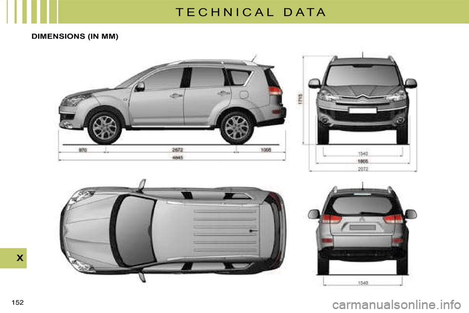 Citroen C CROSSER DAG 2008 1.G Owners Manual T E C H N I C A L   D A T A
X
152 
  DIMENSIONS (IN MM)      